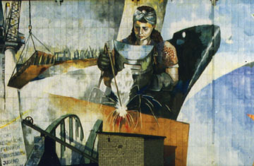 FrauenFreiluftGalerie The welder from the 1950s: excerpt from the old mural of 1989