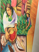 Women harvesting coffee, tabaco, and bananas